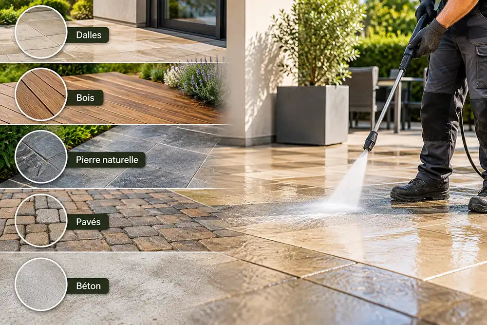 Nettoyage adapté aux terrasses en dalles, bois, pierre, pavés et béton